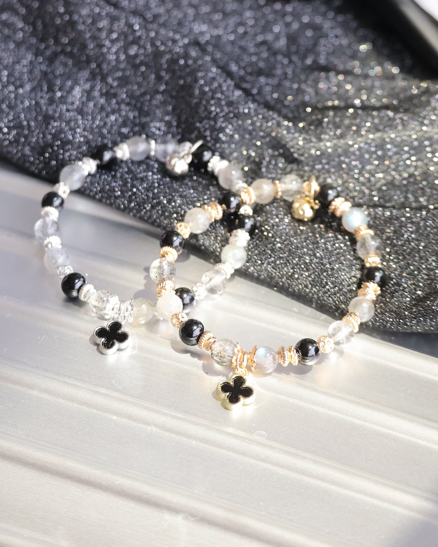 Black Strawberry Quartz, Labradorite & Black Tourmaline Crystal Bracelet — Black Mini Clover Stacker | 8mm (Elastic)
