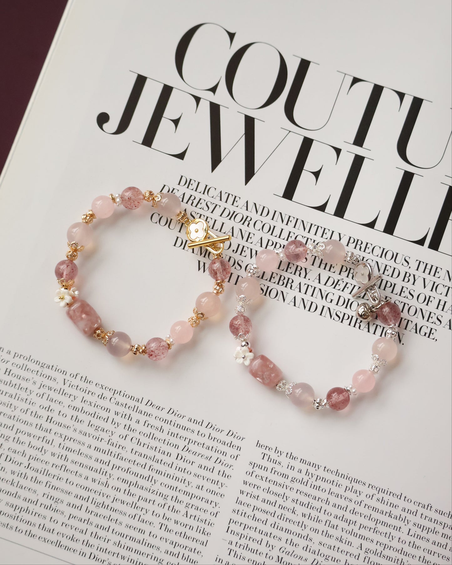 Pink Chalcedony, Pink Purple Emerald Mica, Rose Quartz & Strawberry Quartz Crystal Bracelet ā Flutter Shy | 8mm (OT Clasp, Elastic)