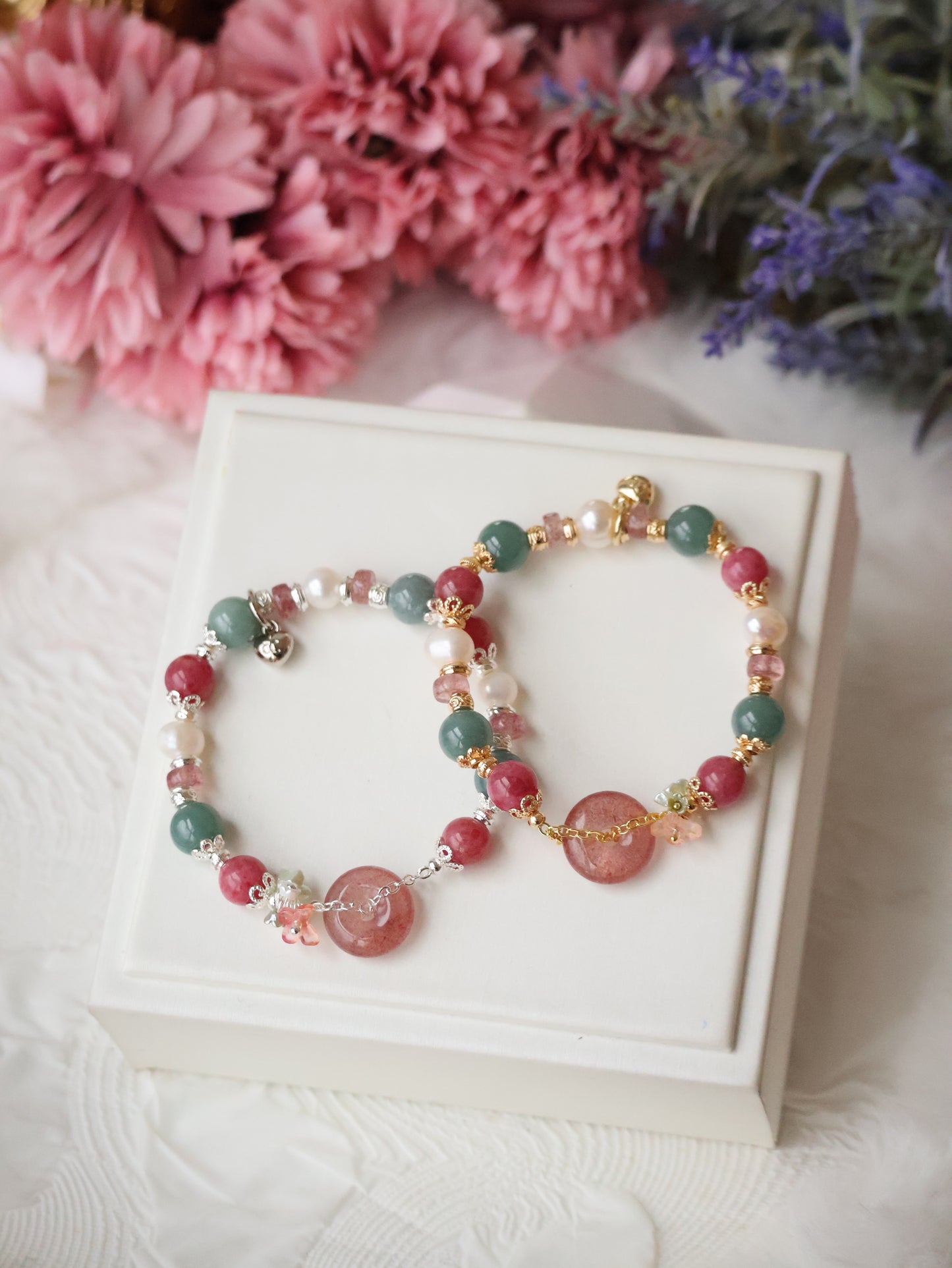 Blue Water Jadeite, Rhodonite, Fresh Water Pearl, Strawberry Quartz Ping An Kou — Mia | 6mm (Elastic)