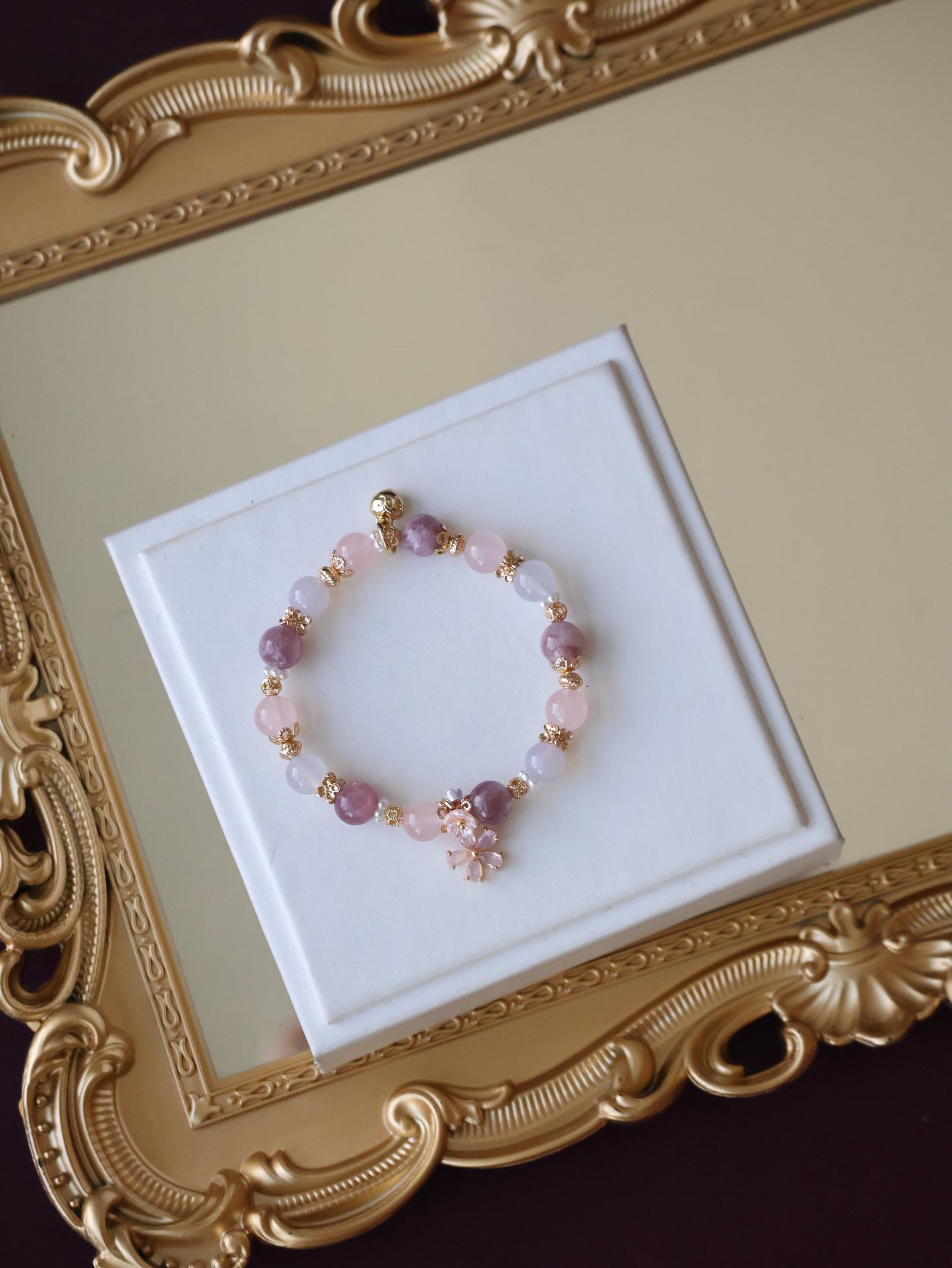 Pink Purple Emerald Mica, Lilac Chalcedony & Rose Quartz with Pink Flower & Mini Flower Bouquet — Blooming Bouquet | 8mm / 10mm (Elastic)