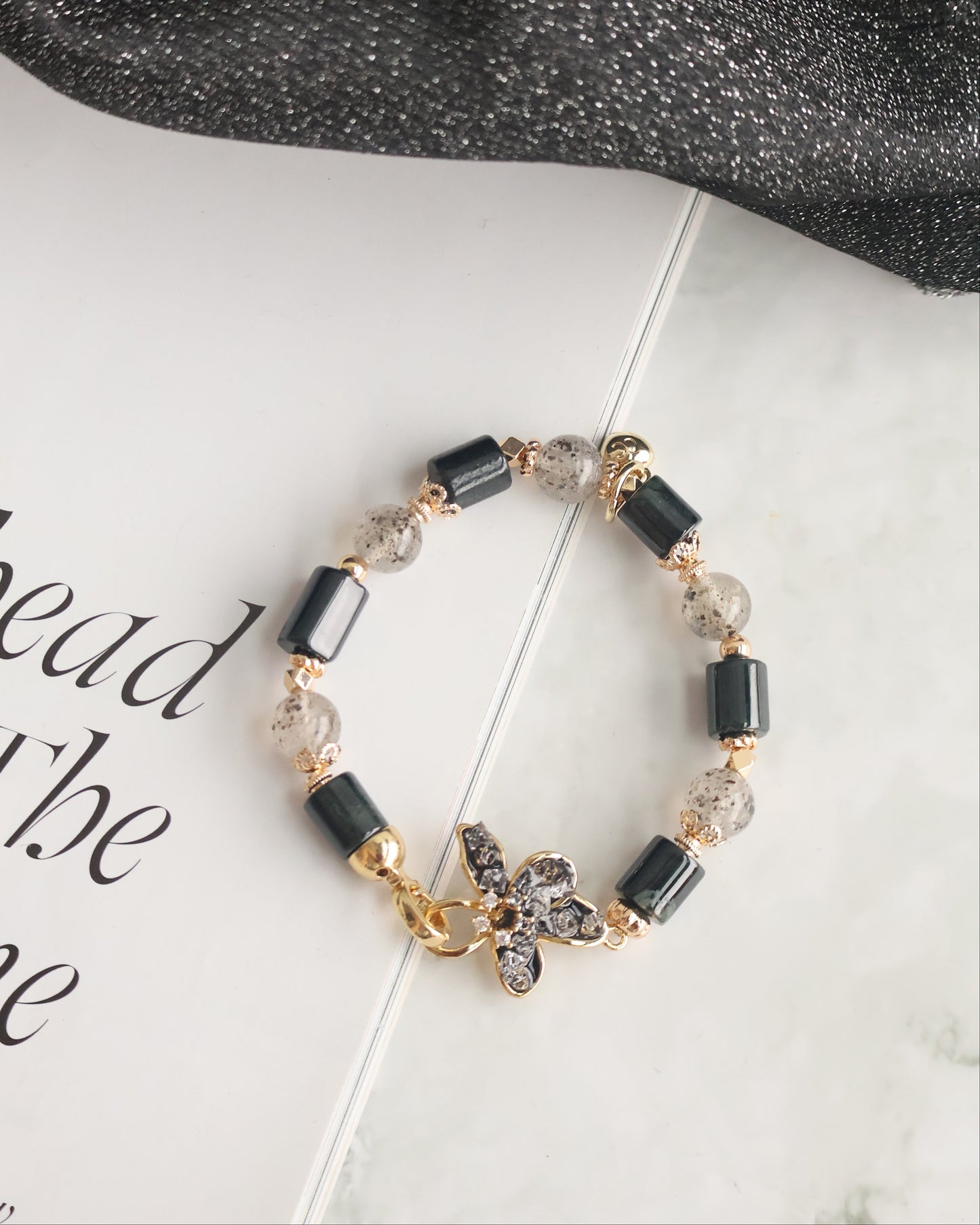 Black Strawberry Quartz & Wuji Jadeite — Bali Inspired | 8mm (Elastic)