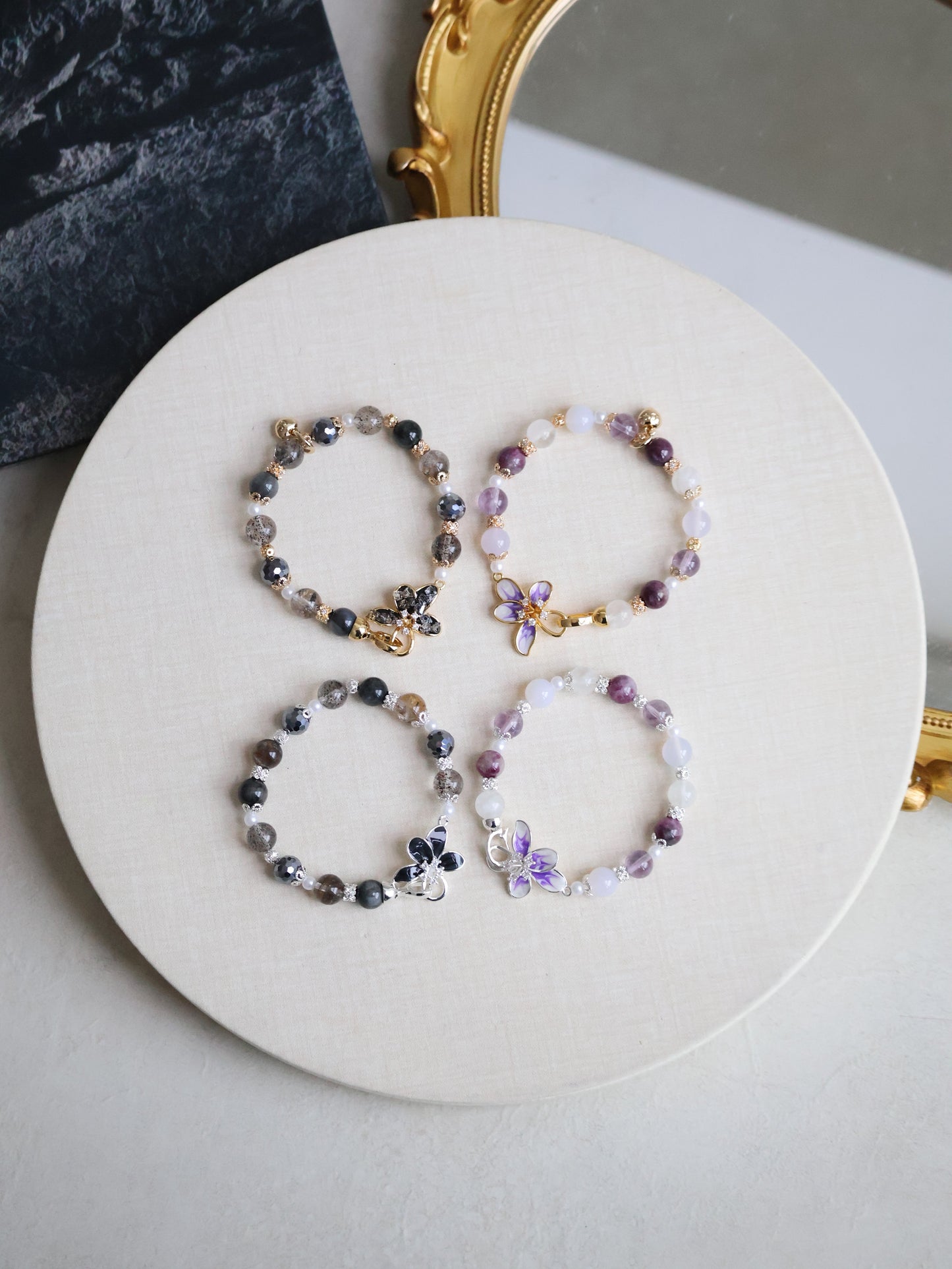 Unicorn Stone, White Phantom Quartz, Lilac Chalcedony & Amethyst — Plumeria Purple | 8mm (Elastic, OT Clasp)