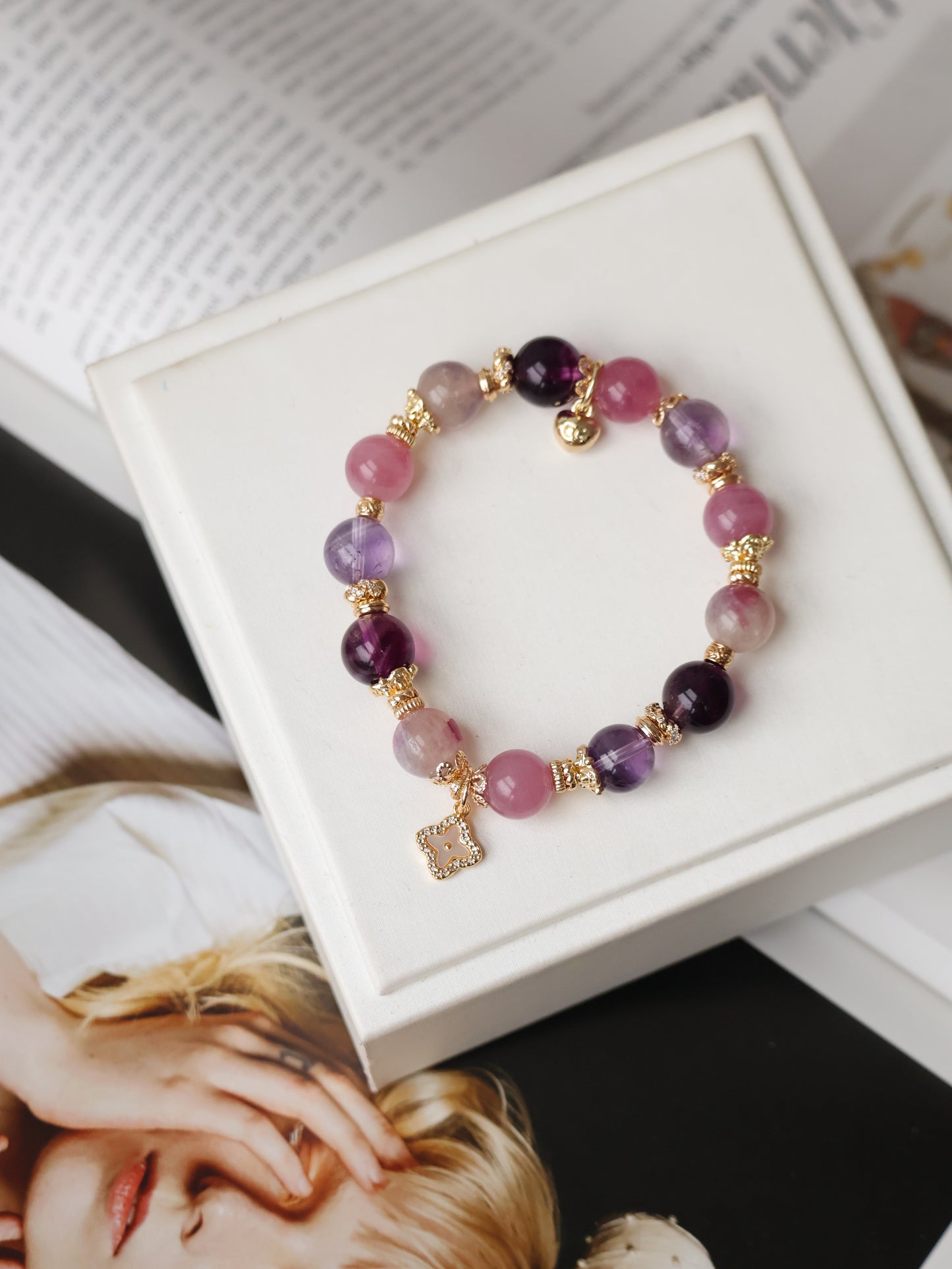 Lavender Rose Quartz, Amethyst, Unicorn Stone & Purple Fluorite Crystal Bracelet with Clover Charm — The Luxe Edit | 10mm (Elastic)