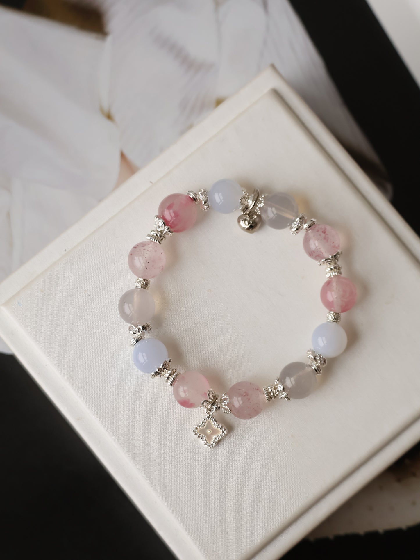 Strawberry Quartz, Blue Chalcedony, Rhodonite & Lavender Moon Quartz Crystal Bracelet with Clover Charm — The Luxe Edit | 10mm (Elastic)