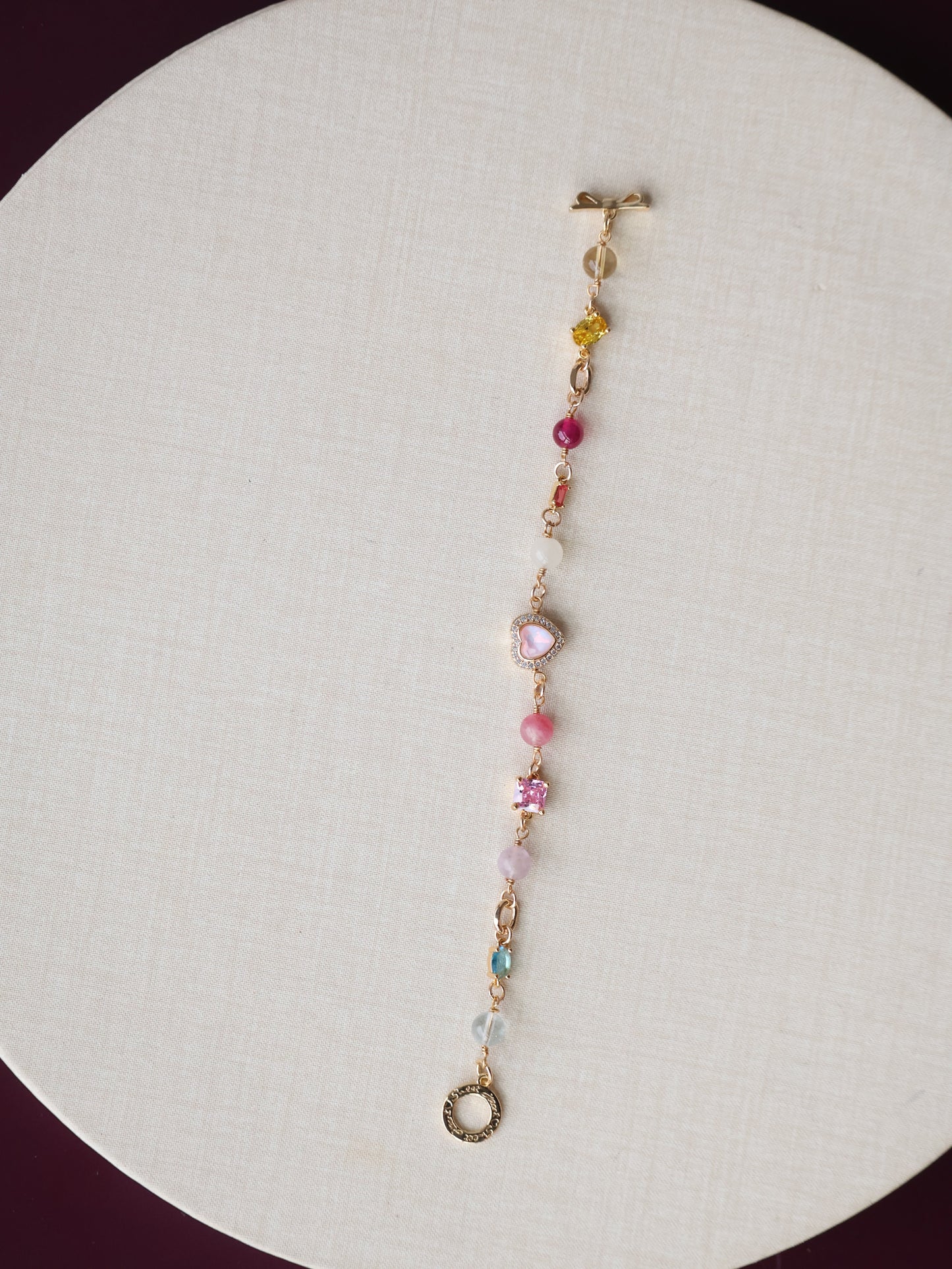 Rhodonite, Citrine, Moonstone, Blue Topaz, Ruby & Pink Purple Emerald Mica — Duobao Multi Gem with Heart Charm and Gem Charms | 6mm (OT Clasp, Chain)