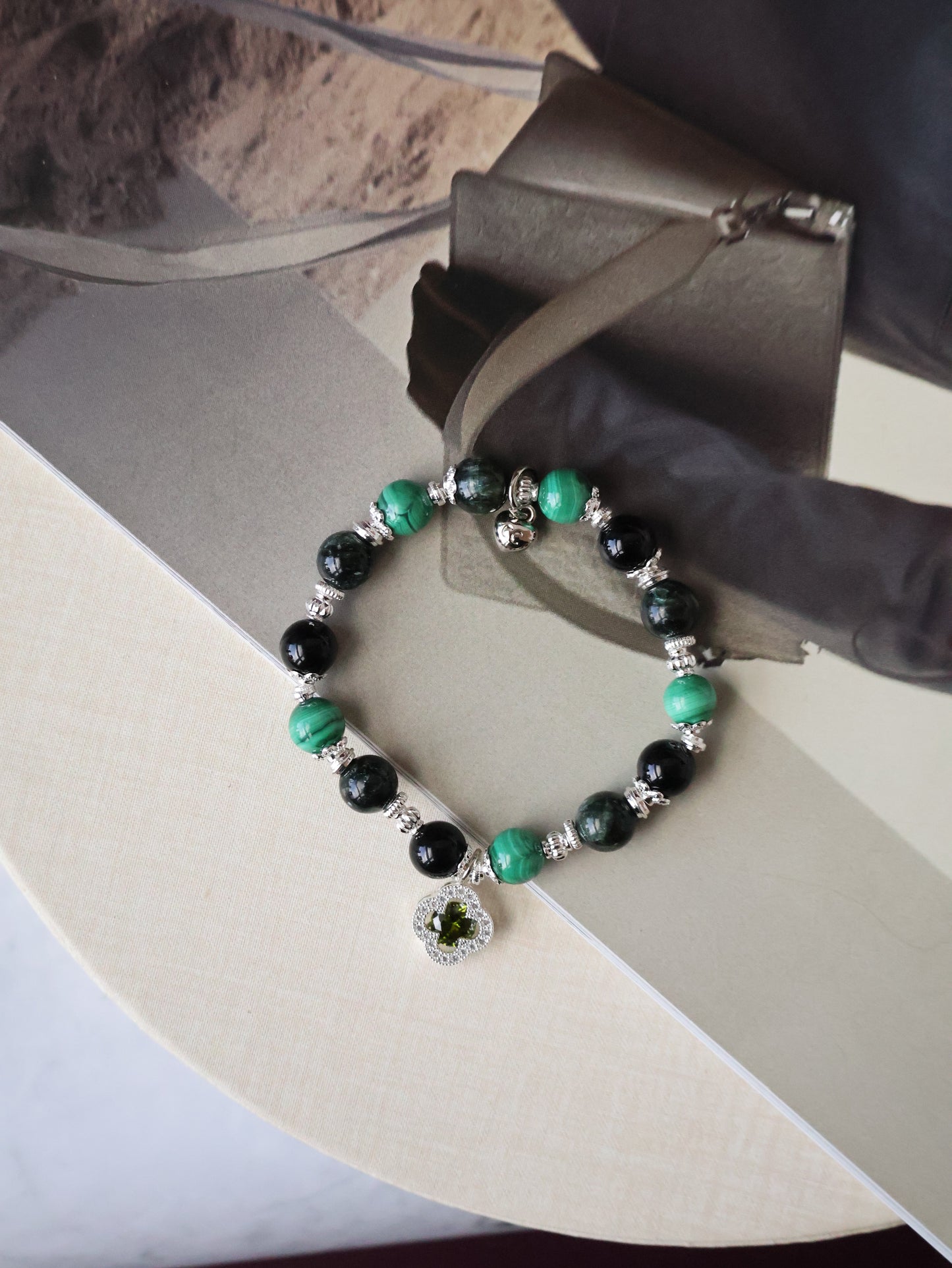 Malachite, Seraphinite & Black Tourmaline Crystal Bracelet — Cordelia Twin Sparkly Clover | 8mm + 10mm (Elastic)
