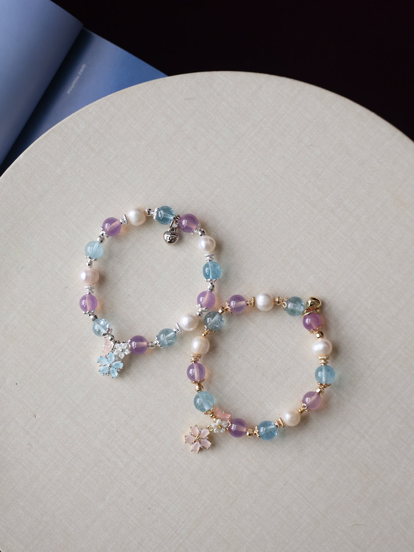 Ruby, Blue Topaz & Freshwater Pearl Crystal Bracelet with Flower Charm — Arendelle | 8mm (Elastic)