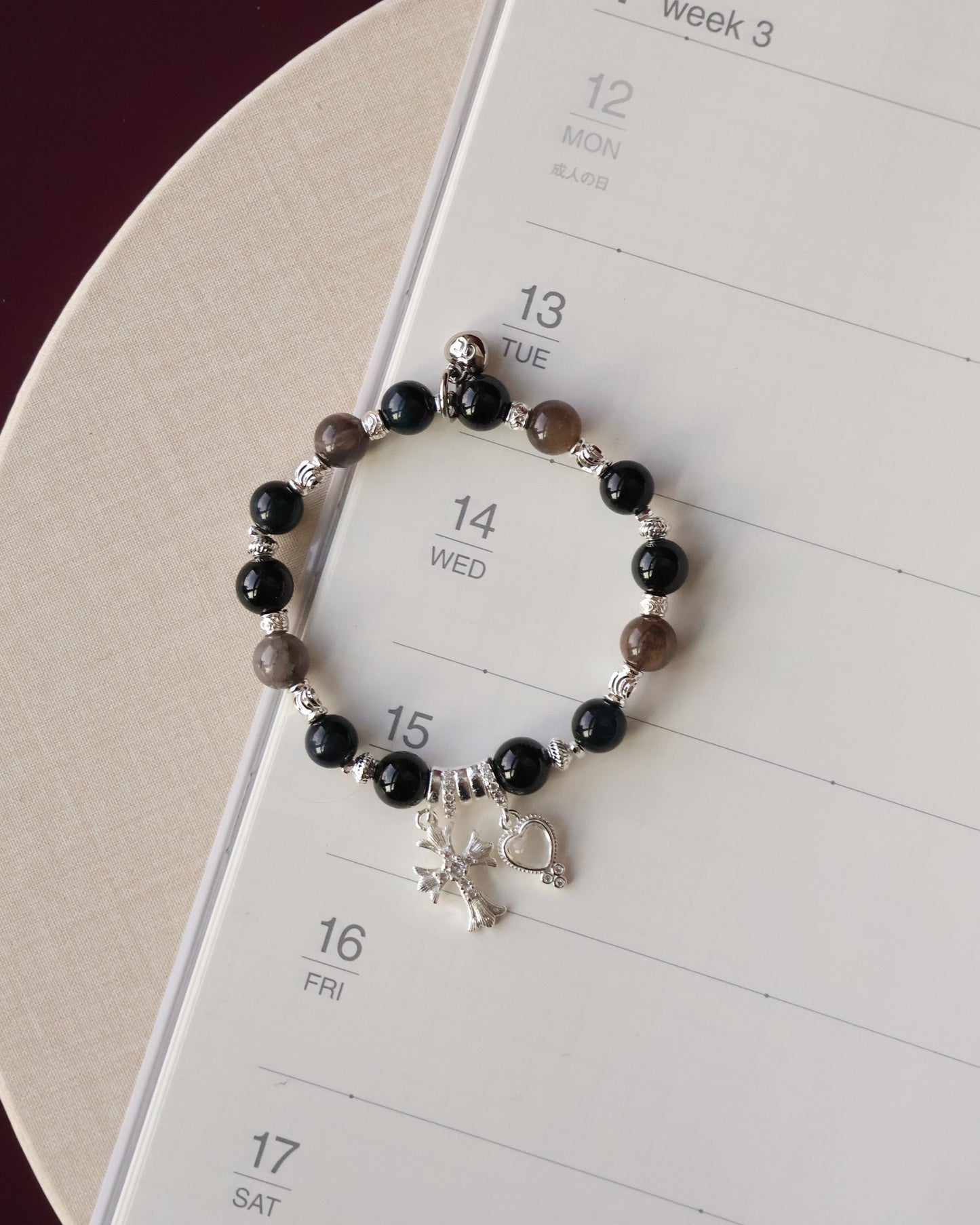 Black Tourmaline, Blue Tiger’s Eye & Black Gold Skeletal Sunstone Crystal Bracelet — Cross x Heart | 8mm (Elastic)