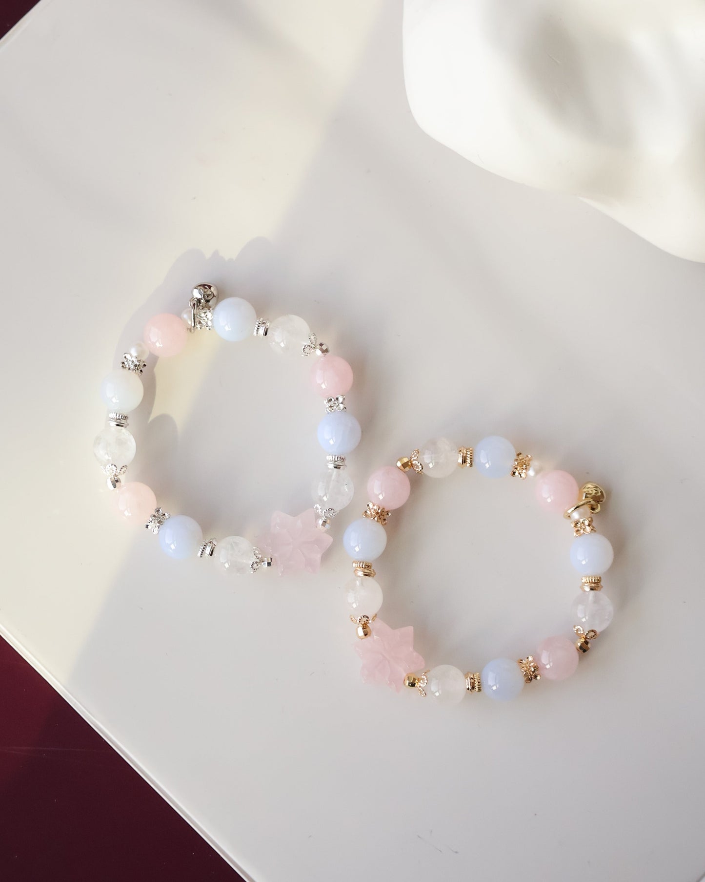Blue Chalcedony, White Phantom Quartz & Rose Quartz Bracelet with Snowflake Carving— Starley | 10mm (Elastic)