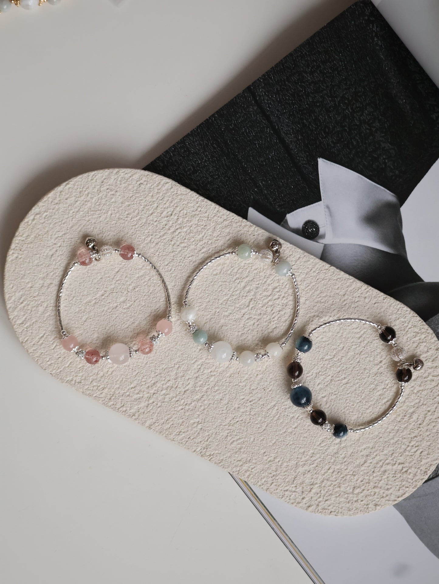 Green Jadeite & White Phantom Quartz Crystal Bracelet Bangle — Orianna Bangles Series | 8mm (Elastic)