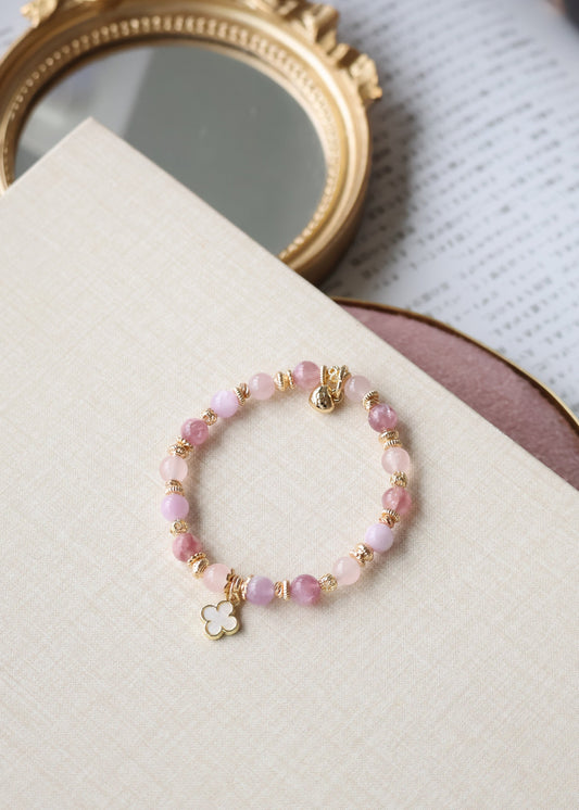 Pink Purple Emerald Mica, Kunzite & Rose Quartz — Mini Clover Stacker Natural Crystal Bracelet | (Elastic)