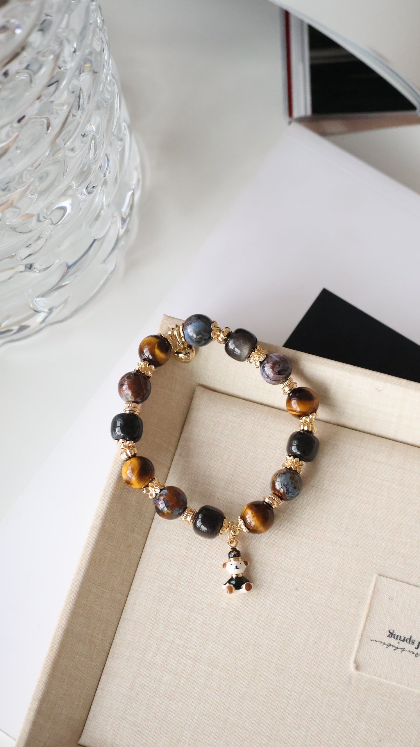 Pietersite, Silver Sheen Obsidian, Devil Blue Aquamarine, Moonstone & Tiger’s Eye Crystal Bracelet — Polo RL | 6mm / 8mm / 10mm (Elastic)