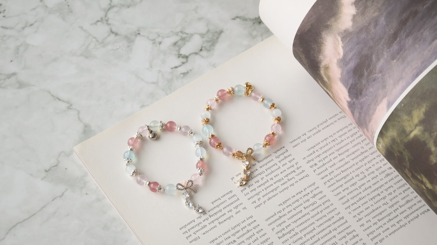 Rose Quartz, Strawberry Quartz, Cat’s Eye & Aquamarine with Ribbon & Triple Heart Charm — Rivyn | 8mm (Elastic)