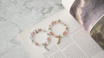Rose Quartz, Strawberry Quartz, Cat’s Eye & Aquamarine with Ribbon & Triple Heart Charm — Rivyn | 8mm (Elastic)