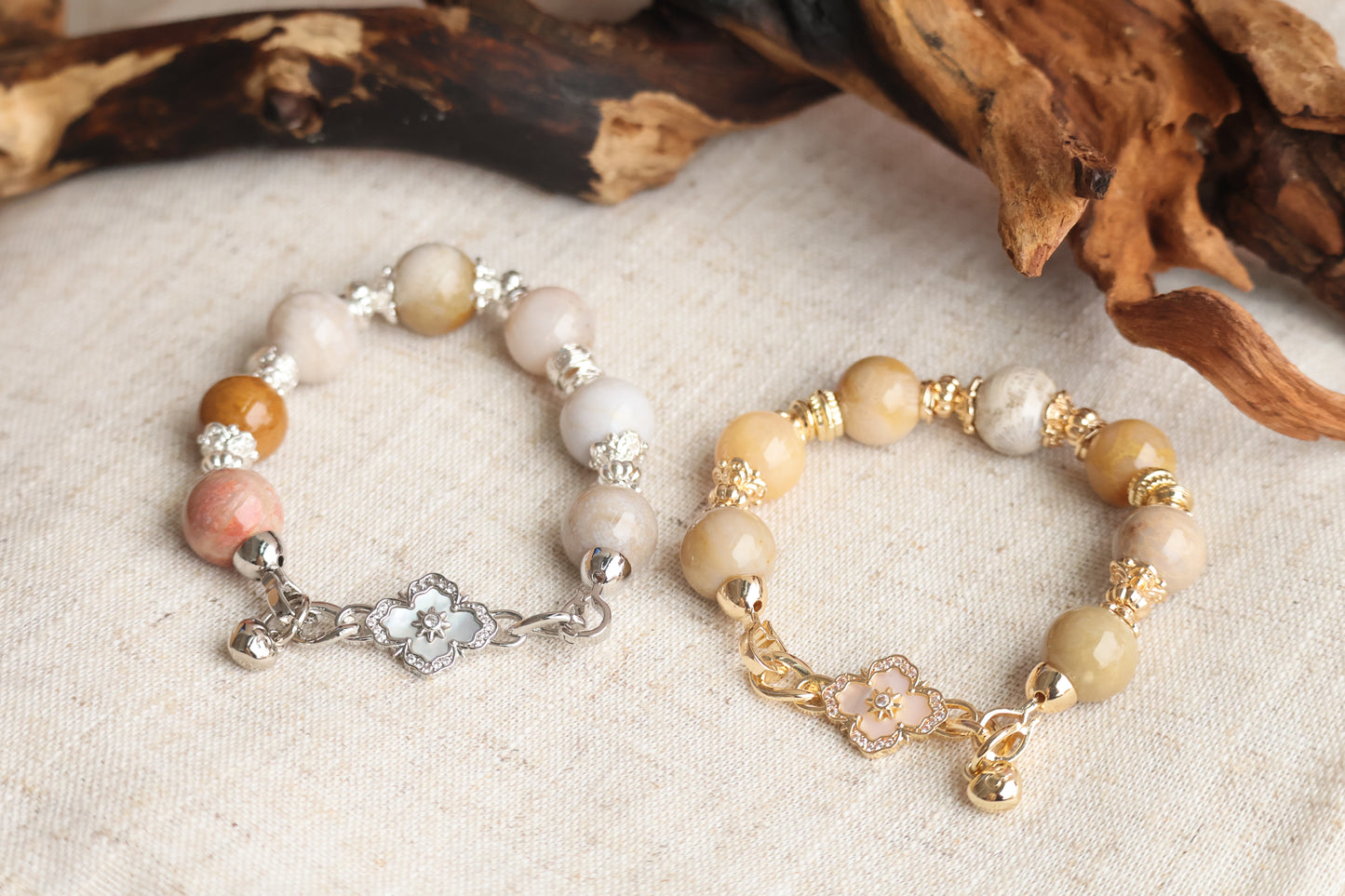 *Instocks* Fossilised Coral Jade with Clover Charm Natural Crystal Bracelet (Elastic)