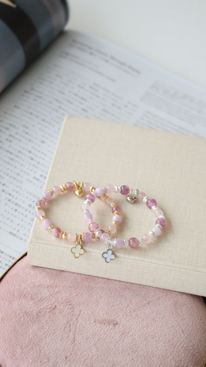 Pink Purple Emerald Mica, Kunzite & Rose Quartz — Mini Clover Stacker Natural Crystal Bracelet | (Elastic)