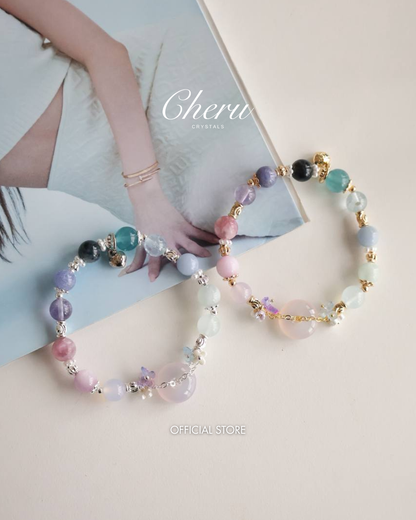 Angelite, Blue Fluorite, Aquamarine, Blue Topaz, Pietersite, Tanzanite, Amethyst, Pink Purple Emerald Mica, Kunzite & Lilac Chalcedony — Illia Ping An Kou Duobao | 8mm (Elastic)