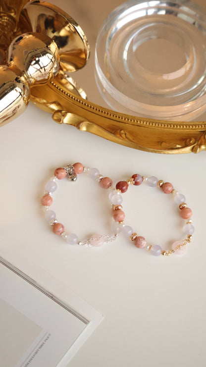*Instocks* Flower Agate & Lilac Chalcedony with Rose Quartz Ping An Kou 平安扣 Natural Crystal Bracelet (Elastic)