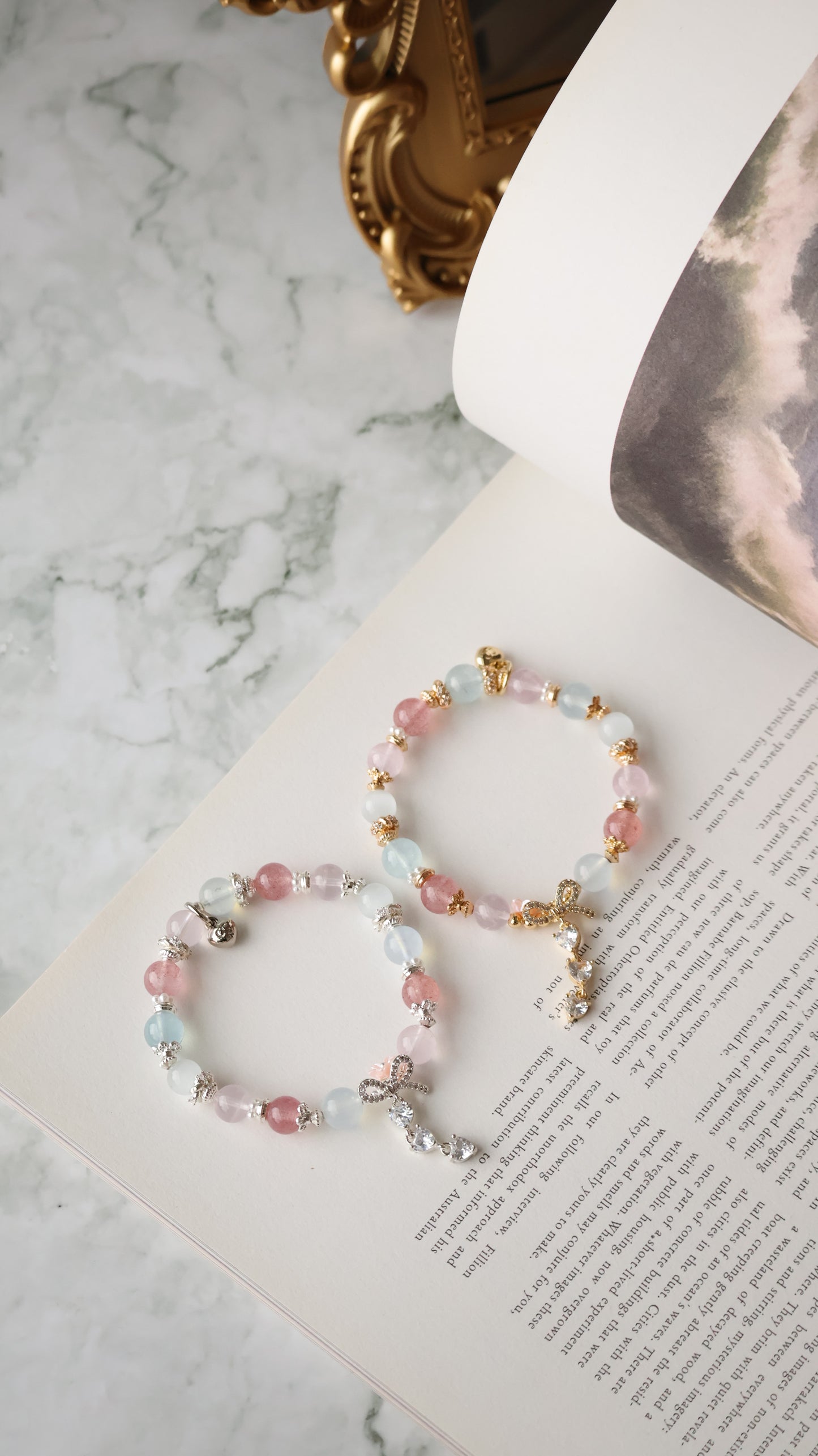 Rose Quartz, Strawberry Quartz, Cat’s Eye & Aquamarine with Ribbon & Triple Heart Charm — Rivyn | 8mm (Elastic)