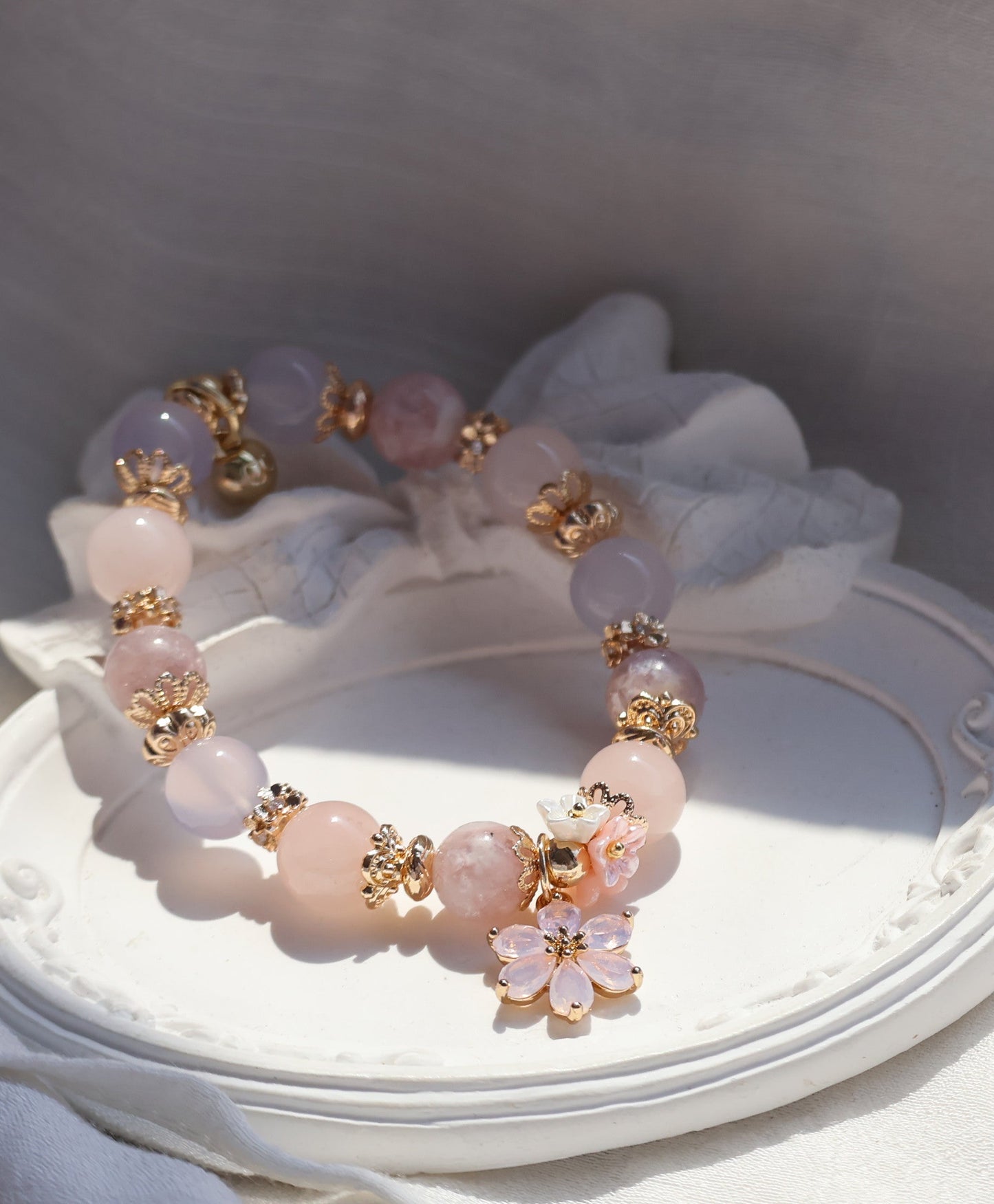 Pink Purple Emerald Mica, Lilac Chalcedony & Rose Quartz with Pink Flower & Mini Flower Bouquet — Blooming Bouquet | 8mm / 10mm (Elastic)