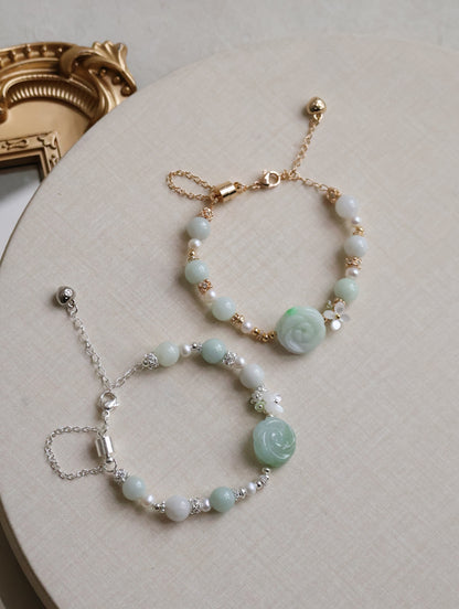 Green Jadeite & Freshwater Pearl — Viridiflora | 8mm (Elastic, Magenta Clasp)