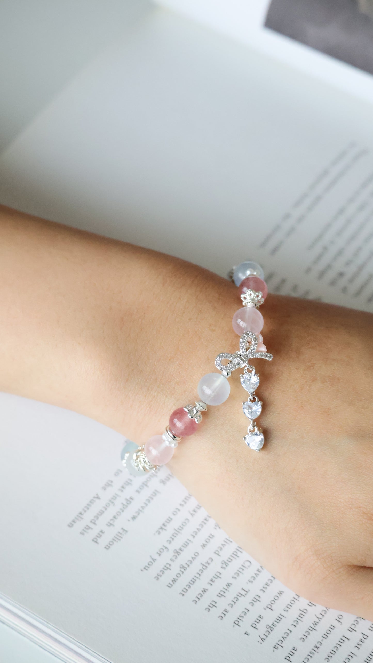 Rose Quartz, Strawberry Quartz, Cat’s Eye & Aquamarine with Ribbon & Triple Heart Charm — Rivyn | 8mm (Elastic)
