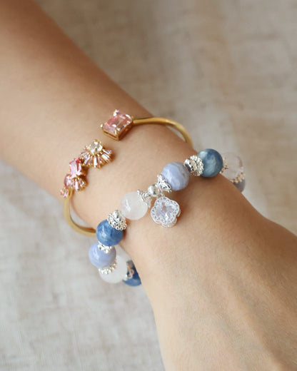 Blue Kyanite, Blue Lace Agate & White Phantom Quartz with Sparkly Clover — Monet Cordelia Twin Crystal Bracelet | 10mm (Elastic)