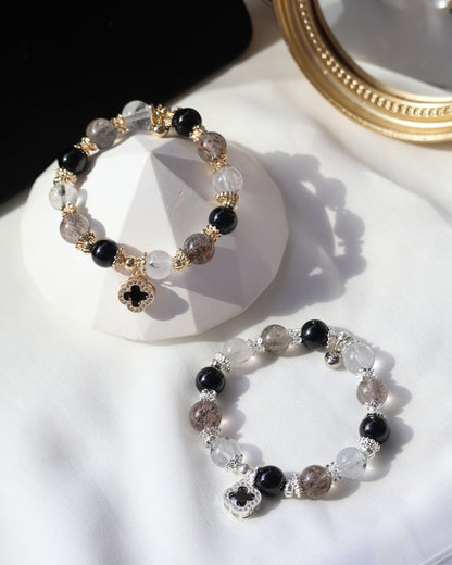 Black Strawberry Quartz, Black Tourmaline & Herkimer Diamond with Sparkly Black Clover — Cordelia Twin Crystal Bracelet | 8mm & 10mm (Elastic)