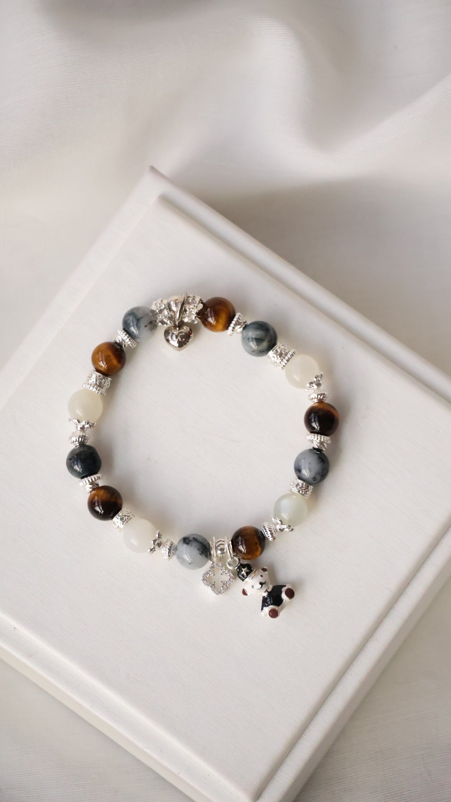 Pietersite, Silver Sheen Obsidian, Devil Blue Aquamarine, Moonstone & Tiger’s Eye Crystal Bracelet — Polo RL | 6mm / 8mm / 10mm (Elastic)