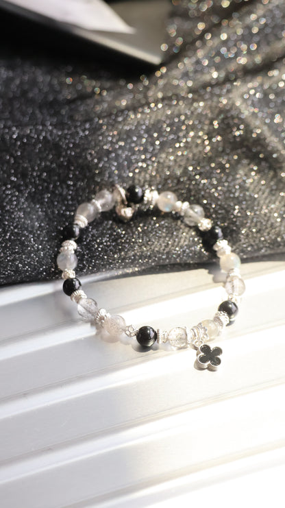 Black Strawberry Quartz, Labradorite & Black Tourmaline  Crystal Bracelet — Black Mini Clover Stacker | 8mm (Elastic)