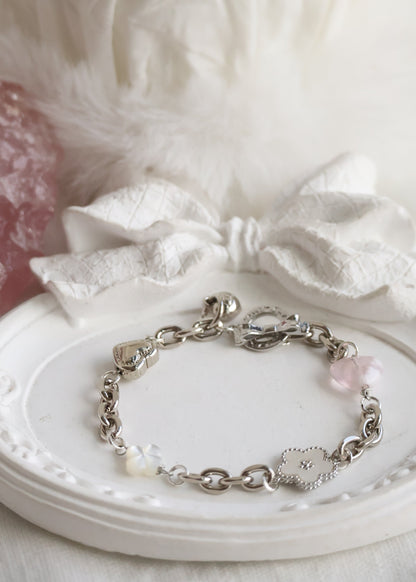 Snow Garden Rose Quartz Heart, MOP Clover & MOP Flower — Celine Chain Natural Crystal Bracelet | OT Clasp