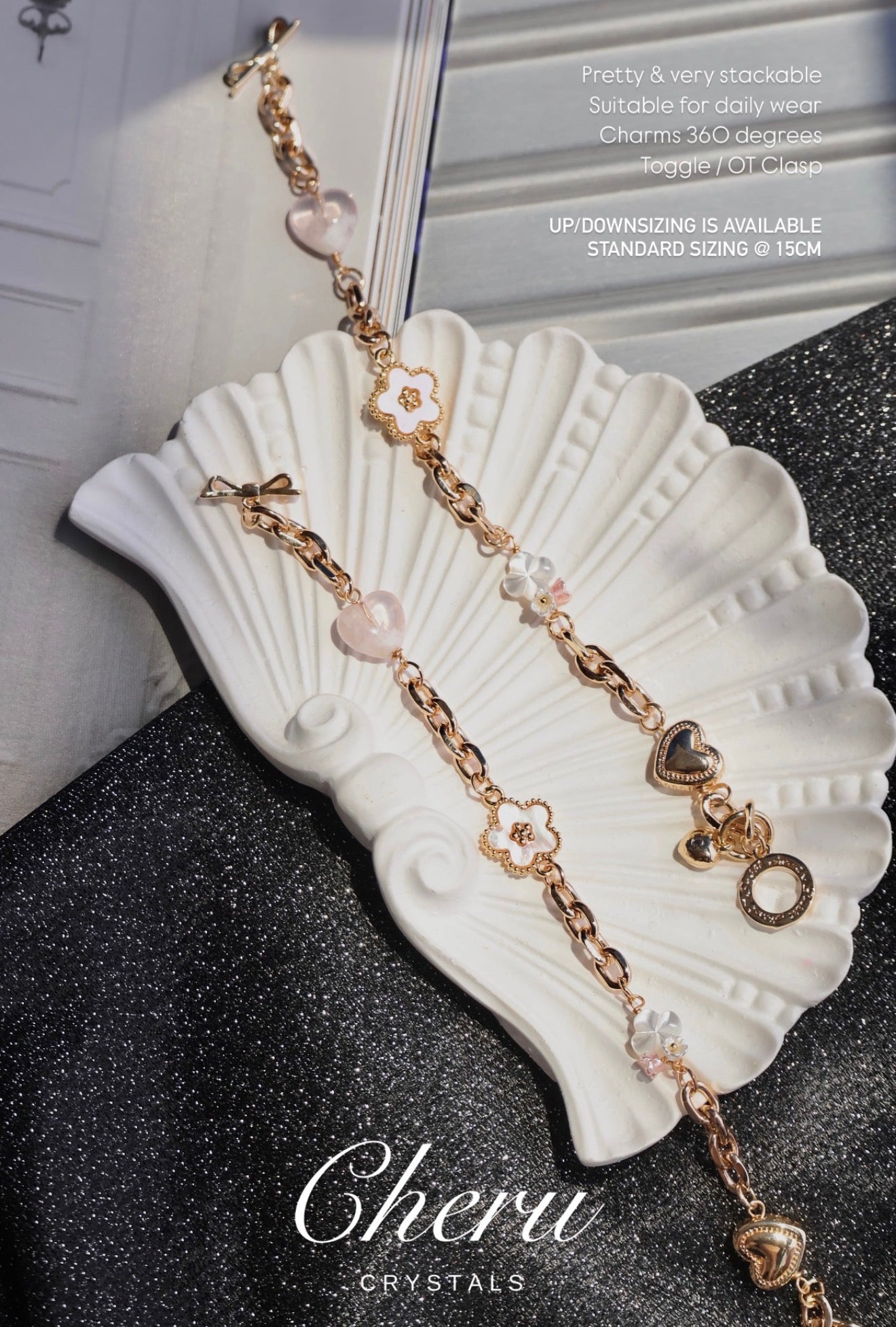 Snow Garden Rose Quartz Heart, MOP Clover & MOP Flower — Celine Chain Natural Crystal Bracelet | OT Clasp