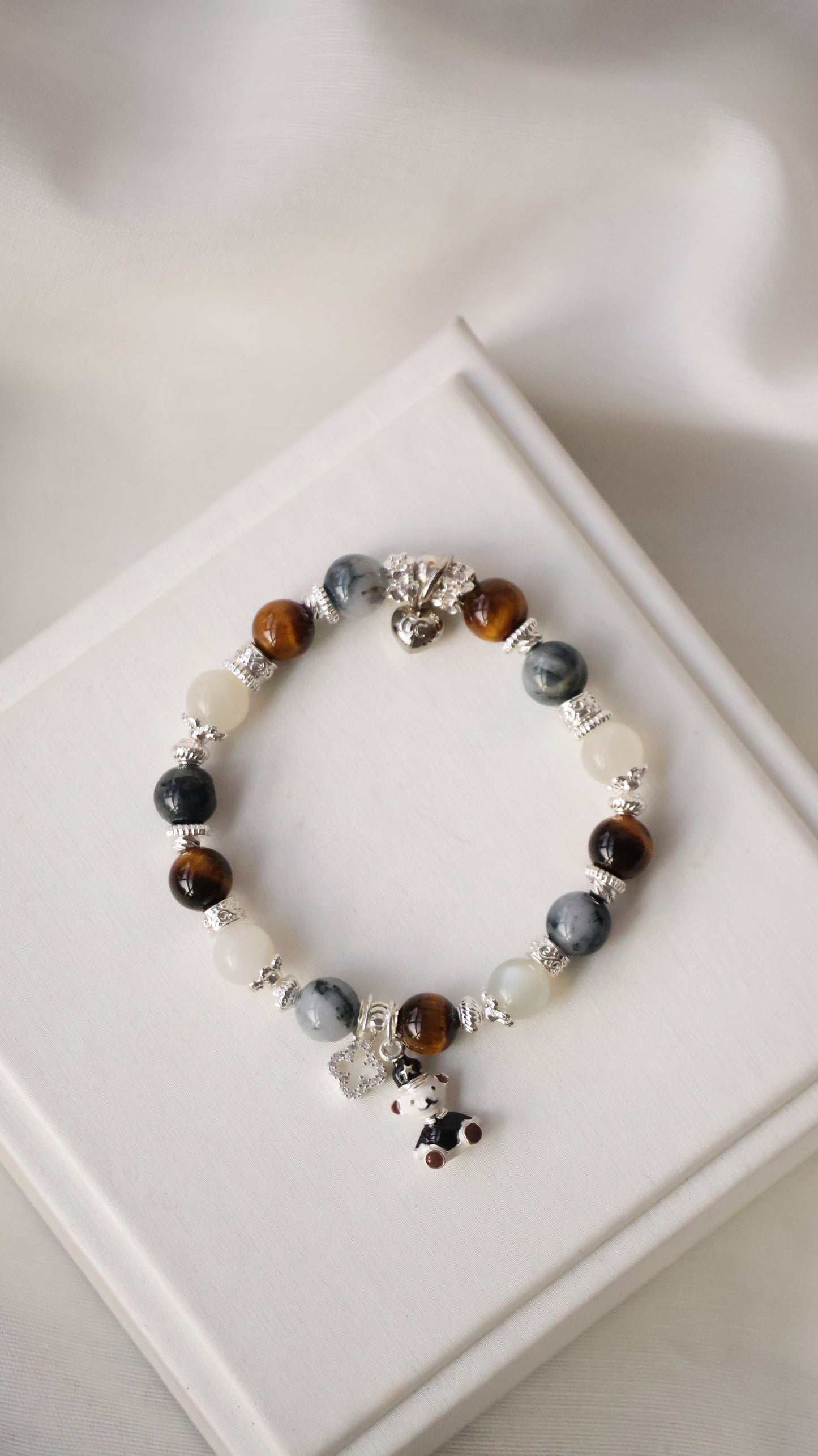 Pietersite, Silver Sheen Obsidian, Devil Blue Aquamarine, Moonstone & Tiger’s Eye Crystal Bracelet — Polo RL | 6mm / 8mm / 10mm (Elastic)