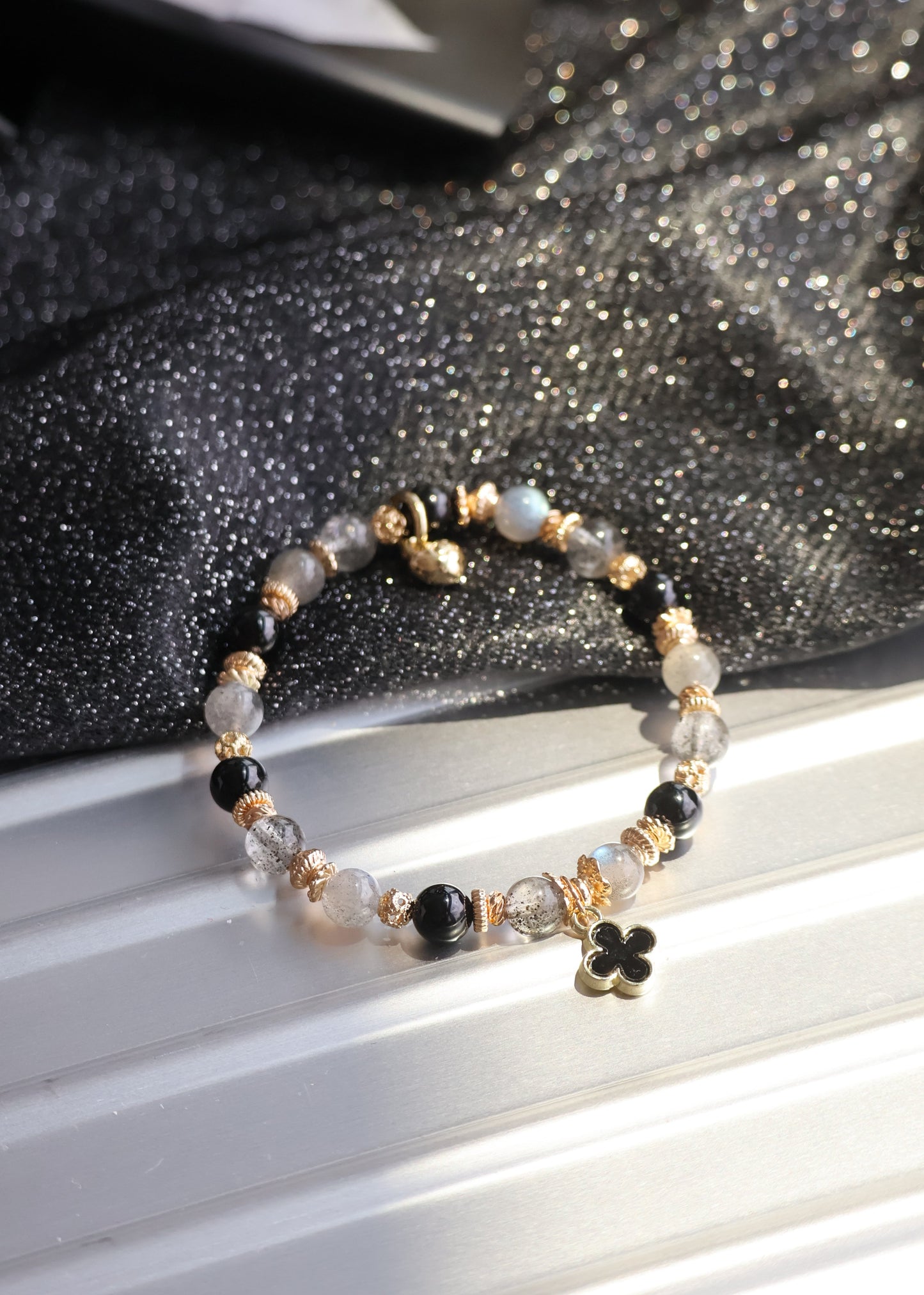 Black Strawberry Quartz, Labradorite & Black Tourmaline  Crystal Bracelet — Black Mini Clover Stacker | 8mm (Elastic)