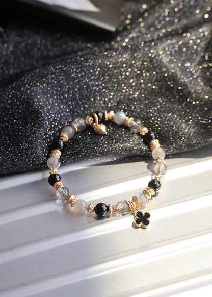 Black Strawberry Quartz, Labradorite & Black Tourmaline  Crystal Bracelet — Black Mini Clover Stacker | 8mm (Elastic)