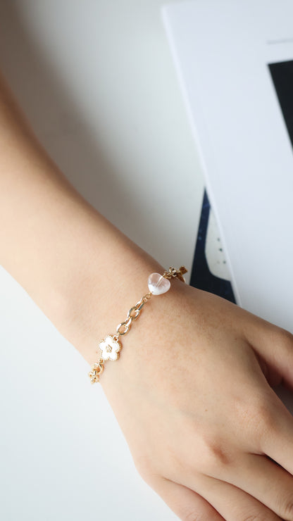 Snow Garden Rose Quartz Heart, MOP Clover & MOP Flower — Celine Chain Natural Crystal Bracelet | OT Clasp
