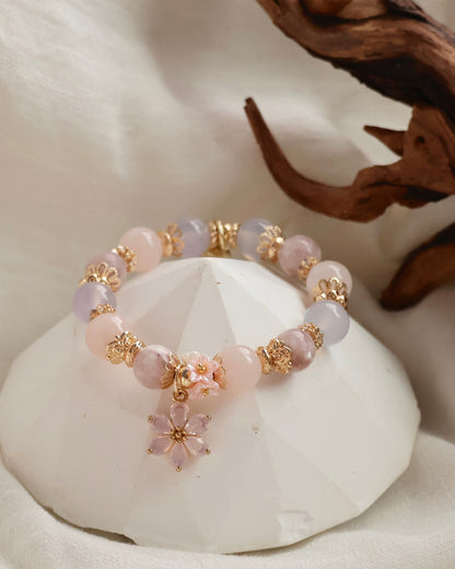 Pink Purple Emerald Mica, Lilac Chalcedony & Rose Quartz with Pink Flower & Mini Flower Bouquet — Blooming Bouquet | 8mm / 10mm (Elastic)
