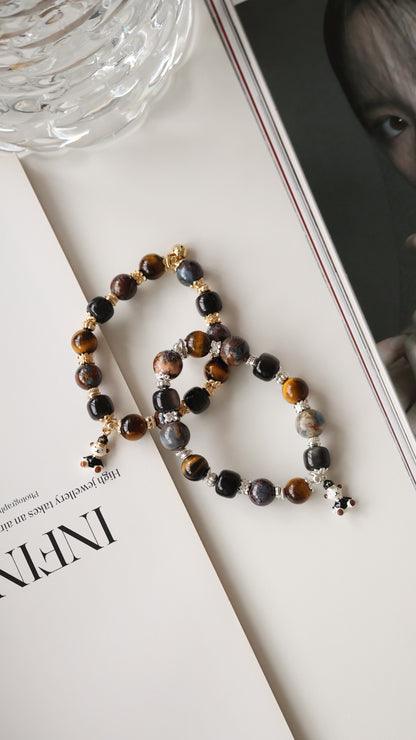 Pietersite, Silver Sheen Obsidian, Devil Blue Aquamarine, Moonstone & Tiger’s Eye Crystal Bracelet — Polo RL | 6mm / 8mm / 10mm (Elastic)
