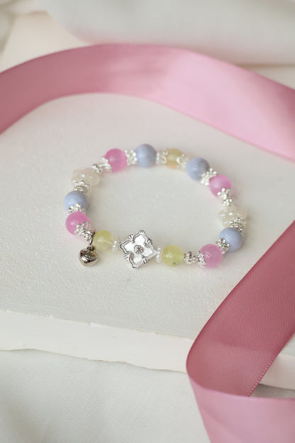 *Instocks* Prehnite, Pink Satin Spar & Blue Lace Agate with MOP Clover Natural Crystal Bracelet (Elastic)