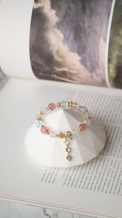 Rose Quartz, Strawberry Quartz, Cat’s Eye & Aquamarine with Ribbon & Triple Heart Charm — Rivyn | 8mm (Elastic)