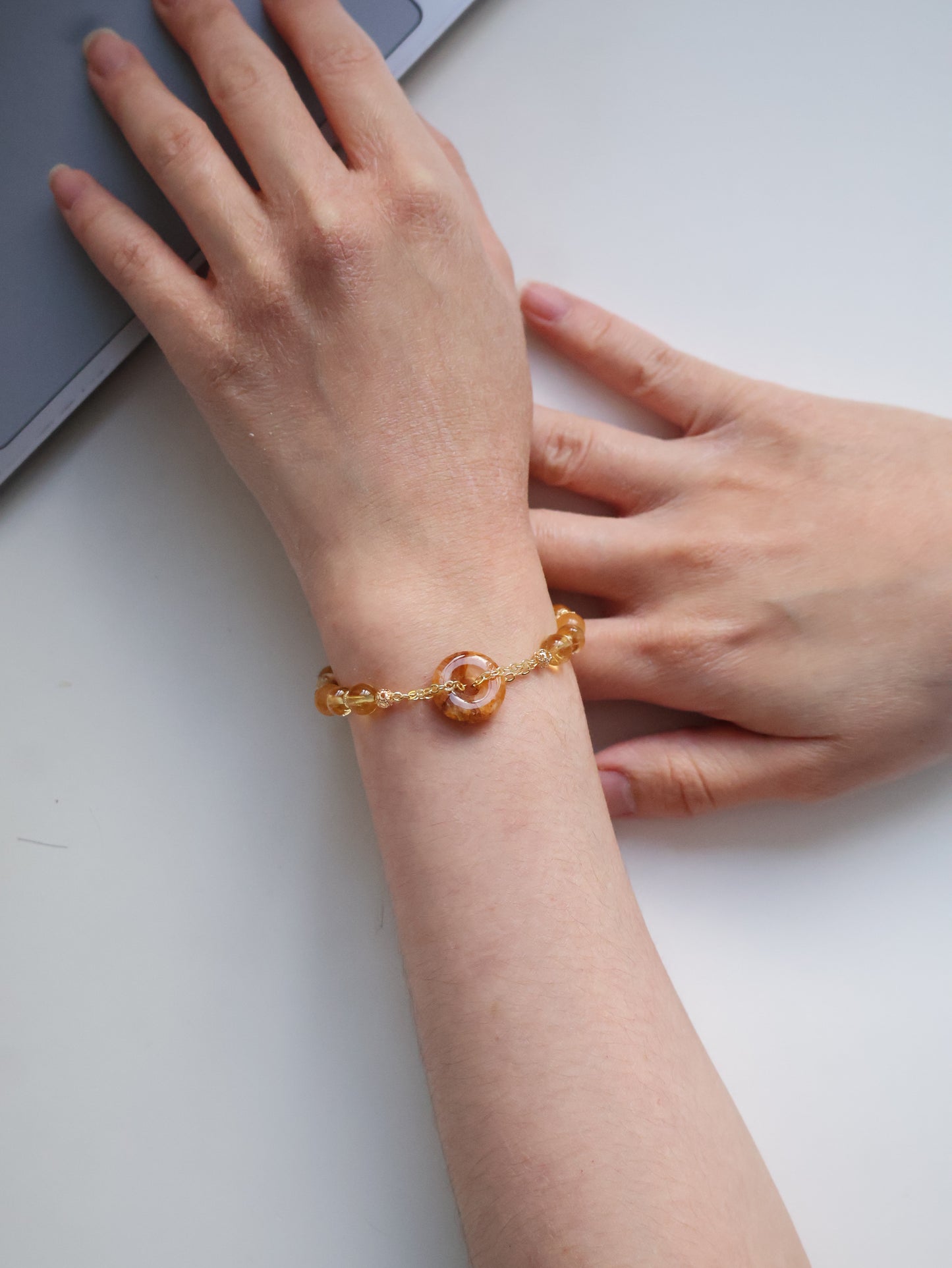 Citrine, Andesine Labradorite & Golden Healer Ping An Kou Crystal Bracelet — Burnt Honey | 6mm (Elastic)