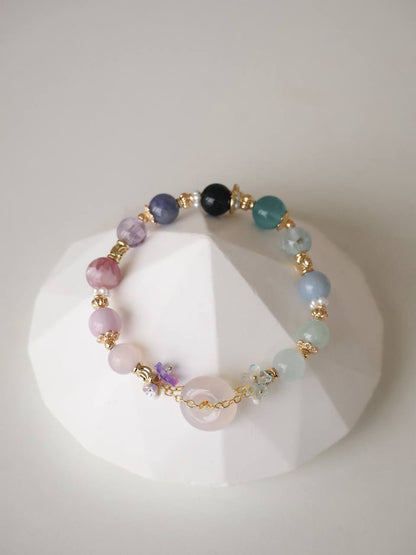 Angelite, Blue Fluorite, Aquamarine, Blue Topaz, Pietersite, Tanzanite, Amethyst, Pink Purple Emerald Mica, Kunzite & Lilac Chalcedony — Illia Ping An Kou Duobao | 8mm (Elastic)