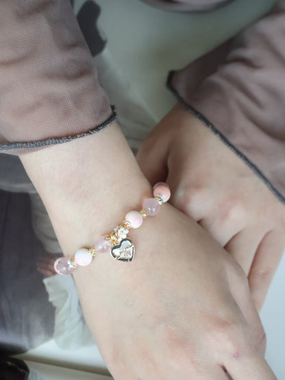 Queen Conch, Rose Quartz with Dangly White Conch Heart Charm — Mallow | 8mm (Elastic, Push Pull)