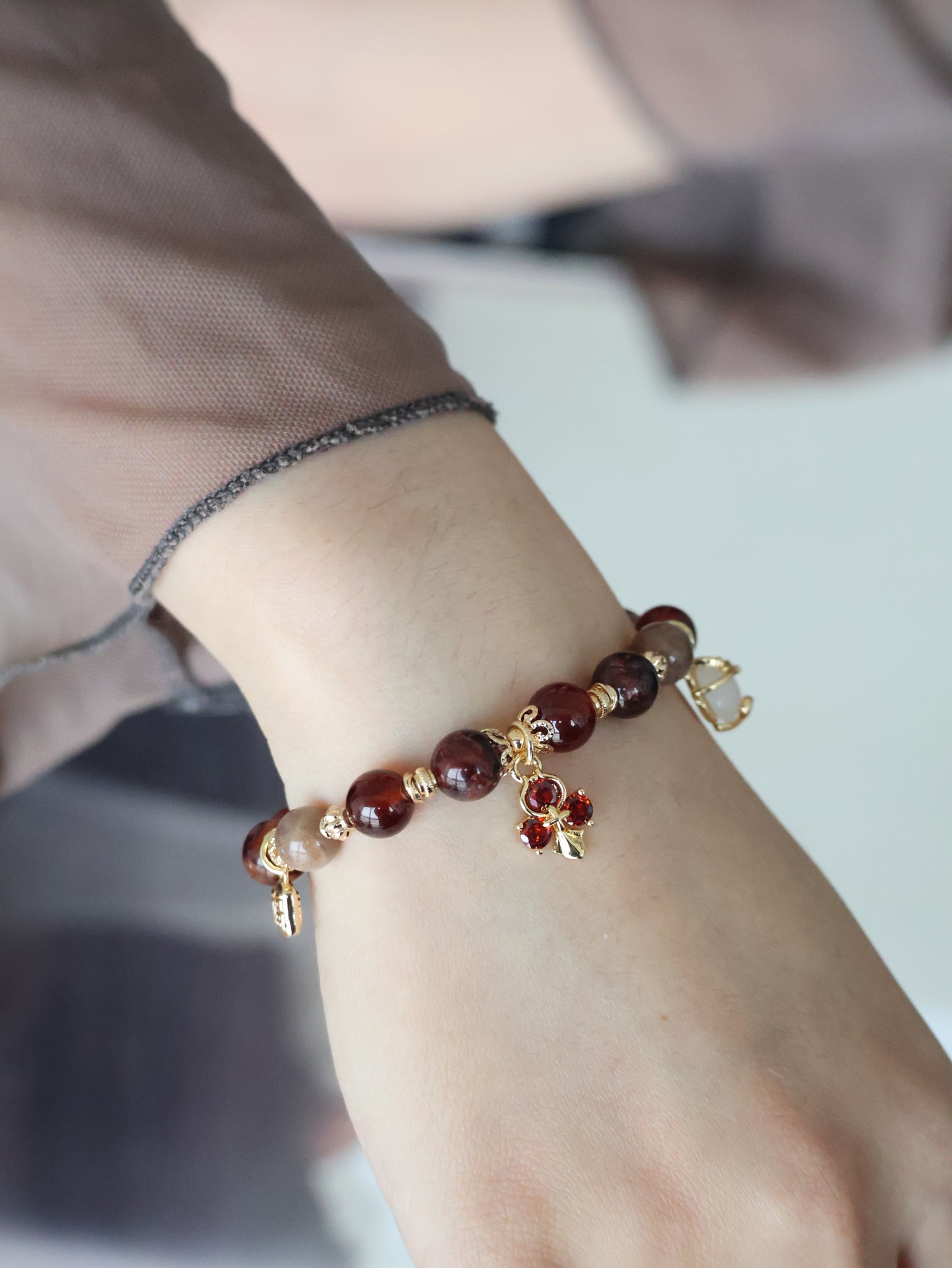 Fire Quartz, Garnet & Black Gold Skeletal Sunstone with Lucky Cat, Red Clover & Fu Charm — Crimson Blessing | 8mm (Elastic, OT Clasp)