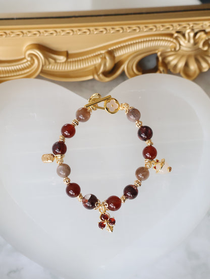 Fire Quartz, Garnet & Black Gold Skeletal Sunstone with Lucky Cat, Red Clover & Fu Charm — Crimson Blessing | 8mm (Elastic, OT Clasp)