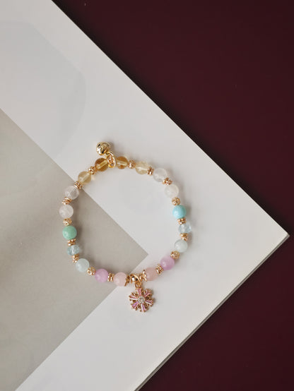 Aquamarine, Blue Topaz, Rose Quartz, Kunzite, White Phantom Quartz, Citrine & Moonstone — Eira Pastel Duobao Bracelet with Snowflake Charm | 6mm (Elastic)