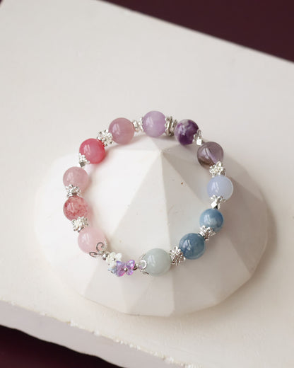 Rose Quartz, Strawberry Quartz, Pink Purple Emerald Mica, Lavender Rose Quartz, Amethyst, Purple Emerald Mica, Kunzite, Blue Chalcedony, Devil Blue Aquamarine, Blue Kyanite & Milky Aquamarine — Duobao (Multi Gems) with Bouquet | 10mm (Elastic)