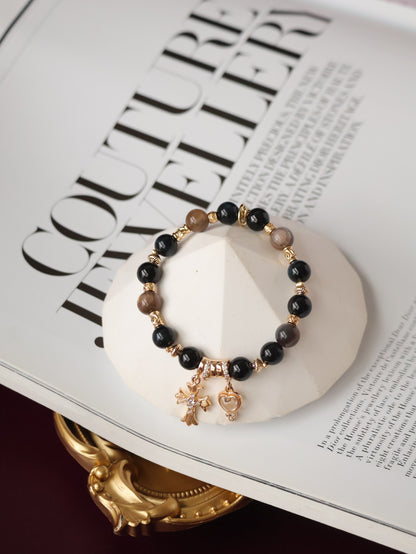 Black Tourmaline, Blue Tiger’s Eye & Black Gold Skeletal Sunstone Crystal Bracelet — Cross x Heart | 8mm (Elastic)