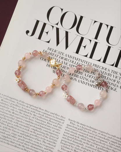 Pink Chalcedony, Pink Purple Emerald Mica, Rose Quartz & Strawberry Quartz Crystal Bracelet — Flutter Shy | 8mm (OT Clasp, Elastic)