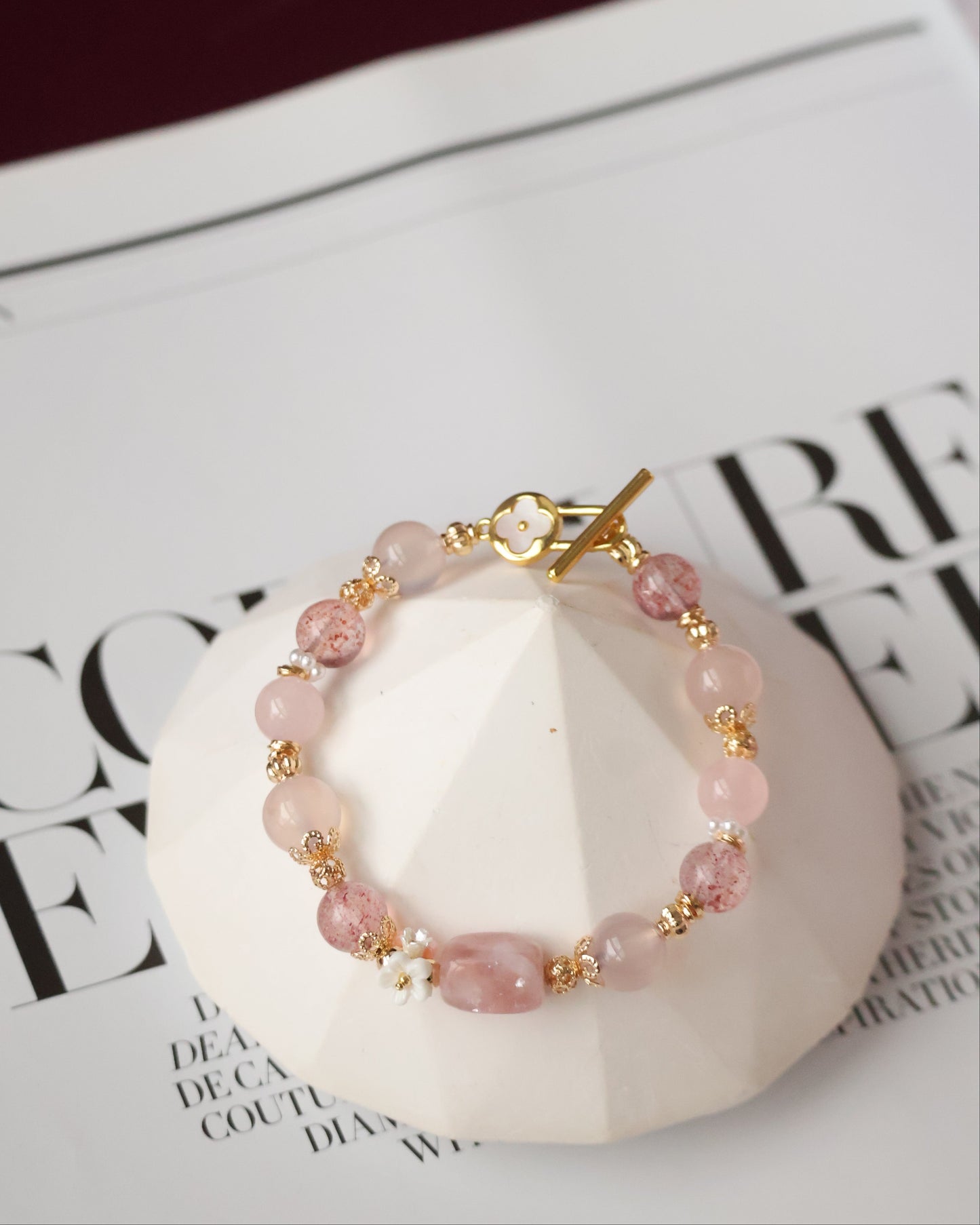 Pink Chalcedony, Pink Purple Emerald Mica, Rose Quartz & Strawberry Quartz Crystal Bracelet — Flutter Shy | 8mm (OT Clasp, Elastic)